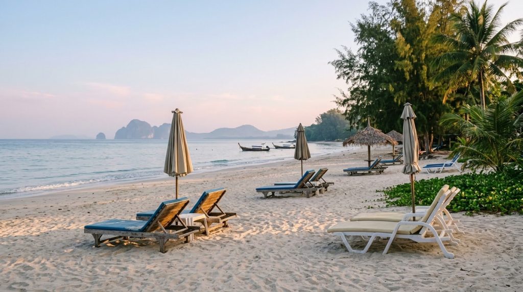 Quiet early-morning beach scene in Phuket before the daily heat