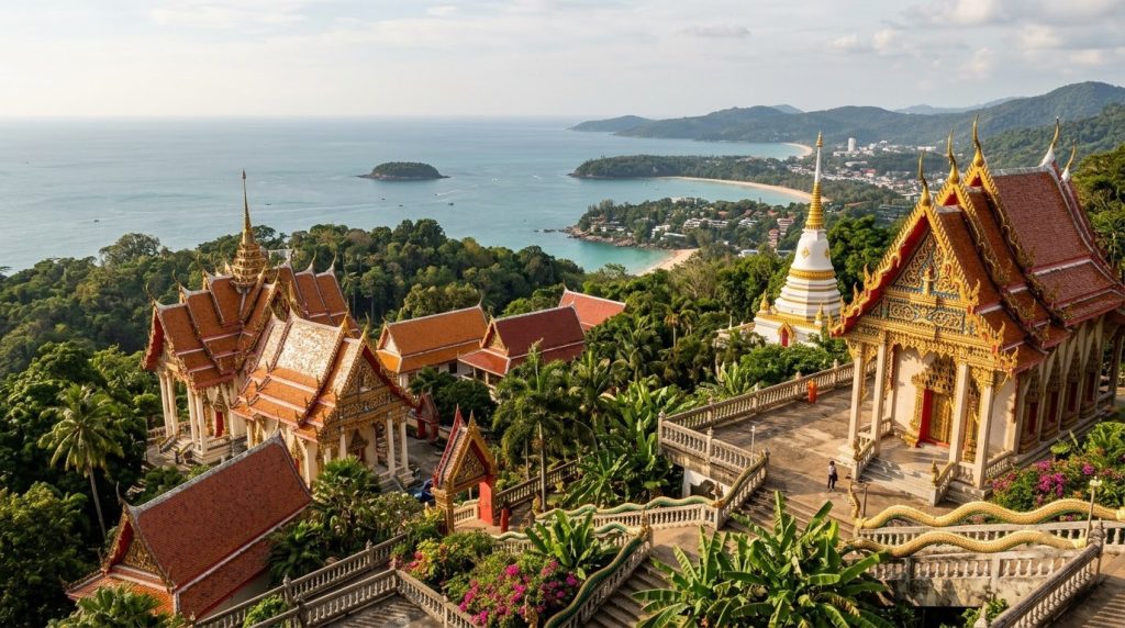 Hillside temple overlooking the Andaman Sea coastline in Phuket