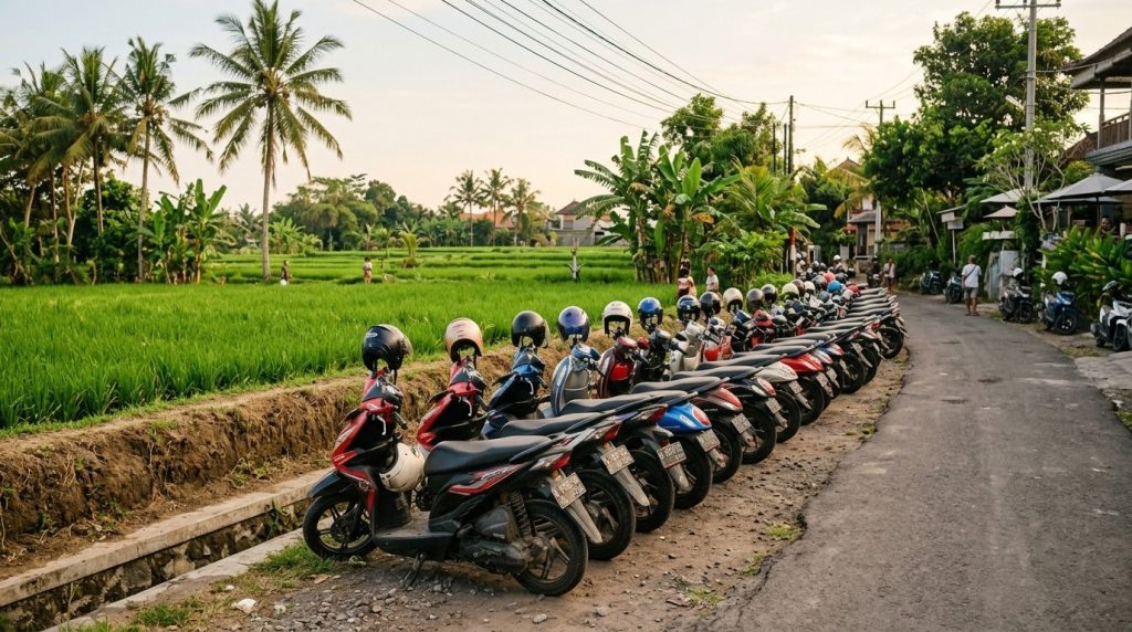 Rental scooters lined up on a street in Canggu, Bali