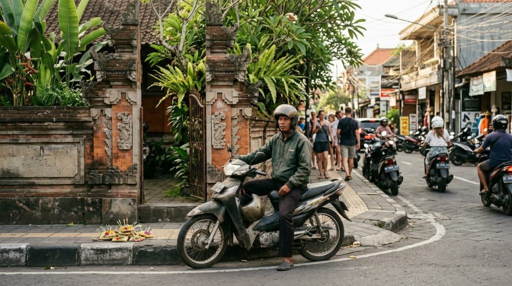 Gojek motorbike-taxi driver waiting on a street corner in Ubud