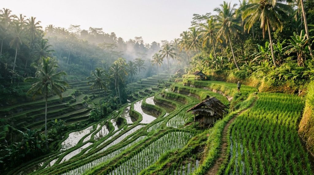 Terraced rice paddies near Ubud, Bali, in soft morning light