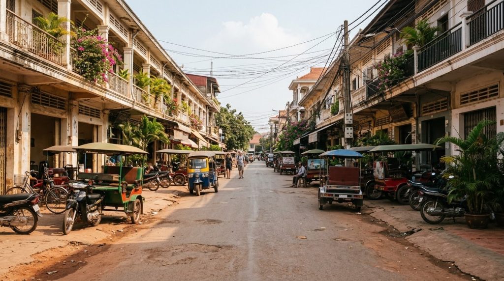 Guesthouse-lined street near Pub Street in Siem Reap, Cambodia