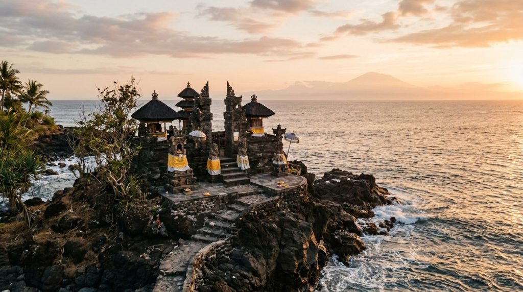 Hindu sea temple on a coastal rock at sunset near Senggigi, Lombok