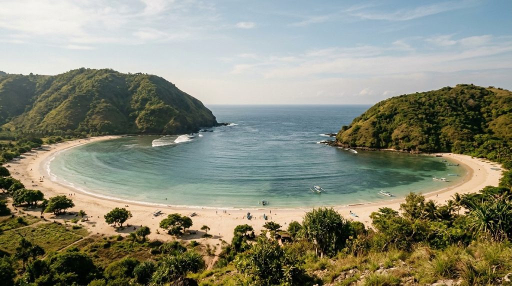 Calm horseshoe bay at Mawun Beach near Kuta Lombok, Indonesia