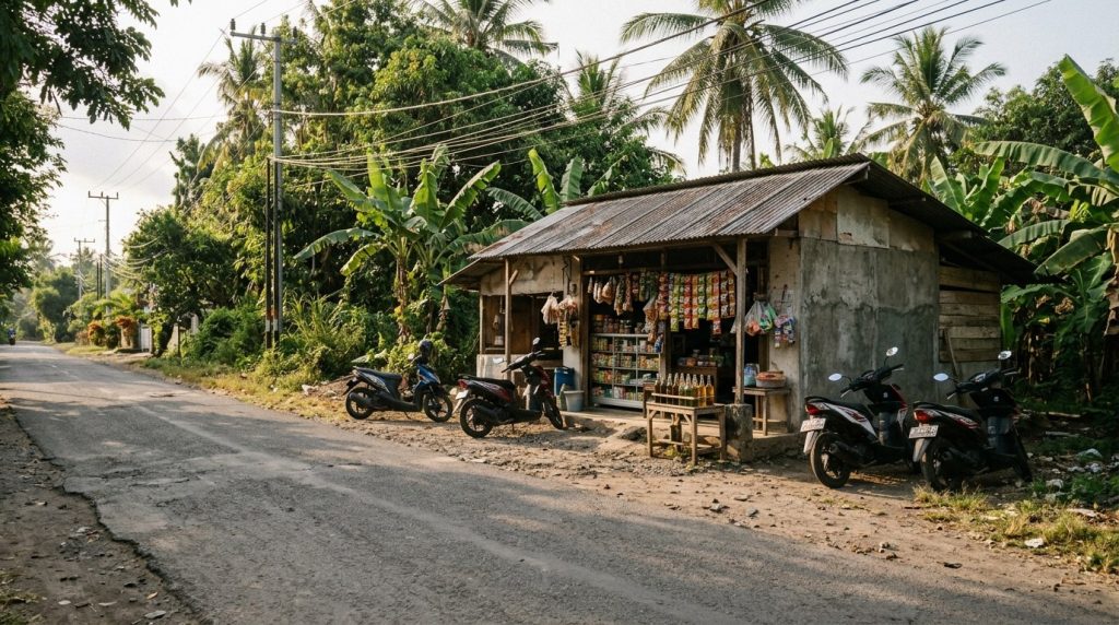 Quiet shopfront street with parked motorbikes in Senggigi, Lombok
