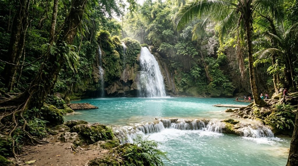 Turquoise cascading pools at Kawasan Falls near Cebu