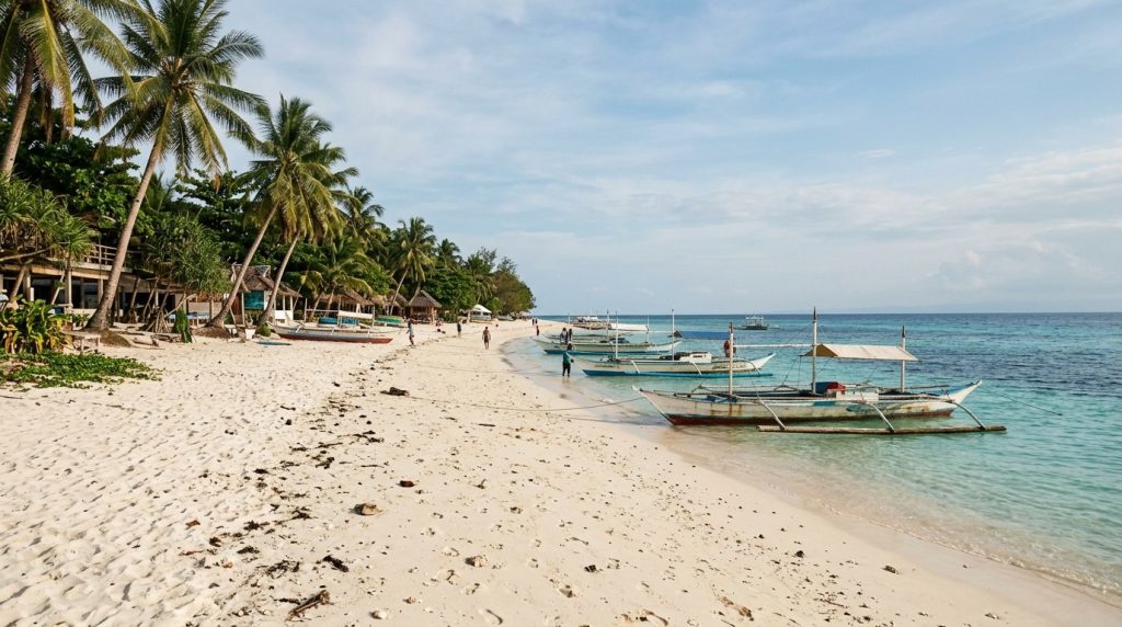 White-sand Bounty Beach with longtail boats on Malapascua Island