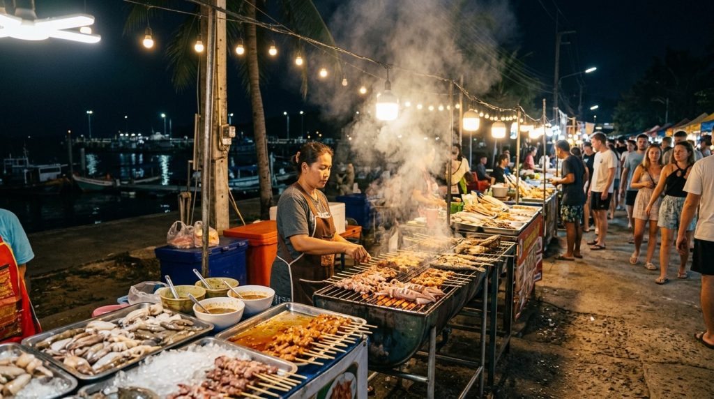 Grilled seafood stall at the Saladan night market on Koh Lanta