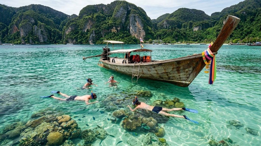 Snorkelers near a boat over a coral reef off Phi Phi Island