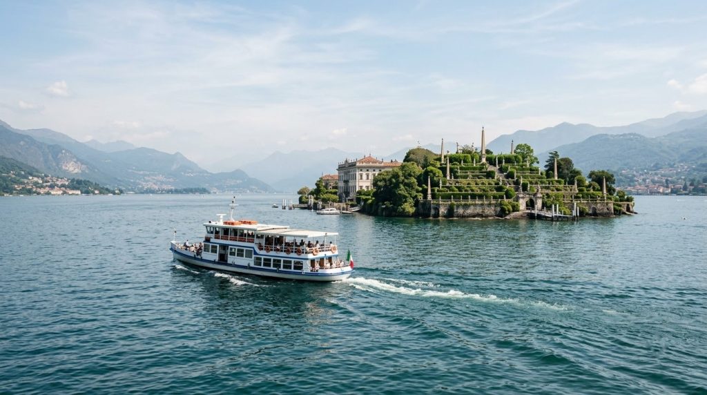 Ferry boat crossing Lake Maggiore toward Isola Bella's garden palace