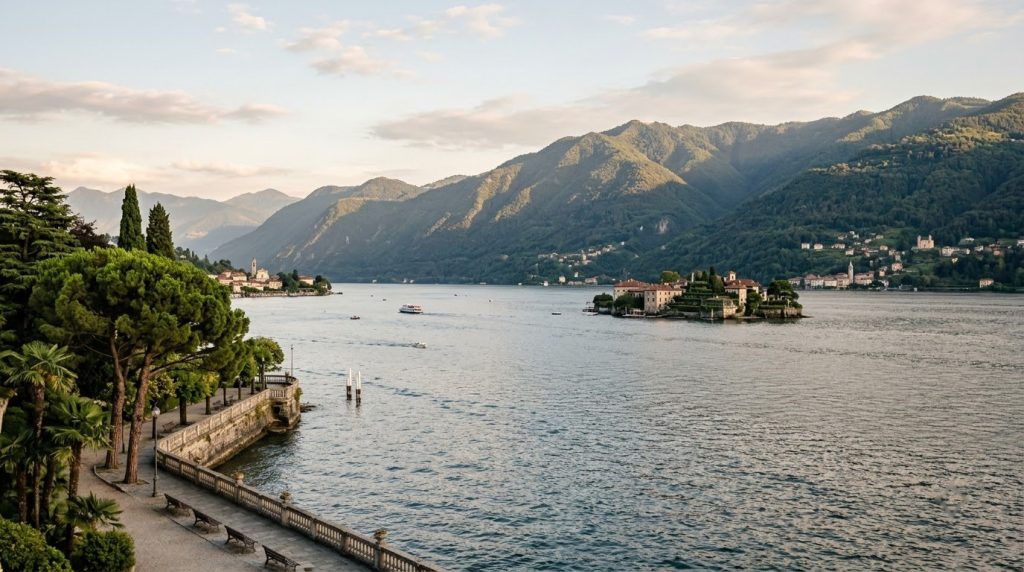 View across Lake Maggiore toward hills near Stresa, Italy