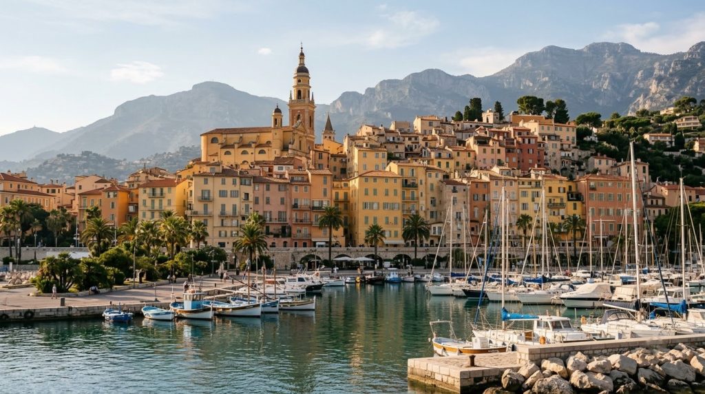 Pastel buildings along the old harbour in Menton, France