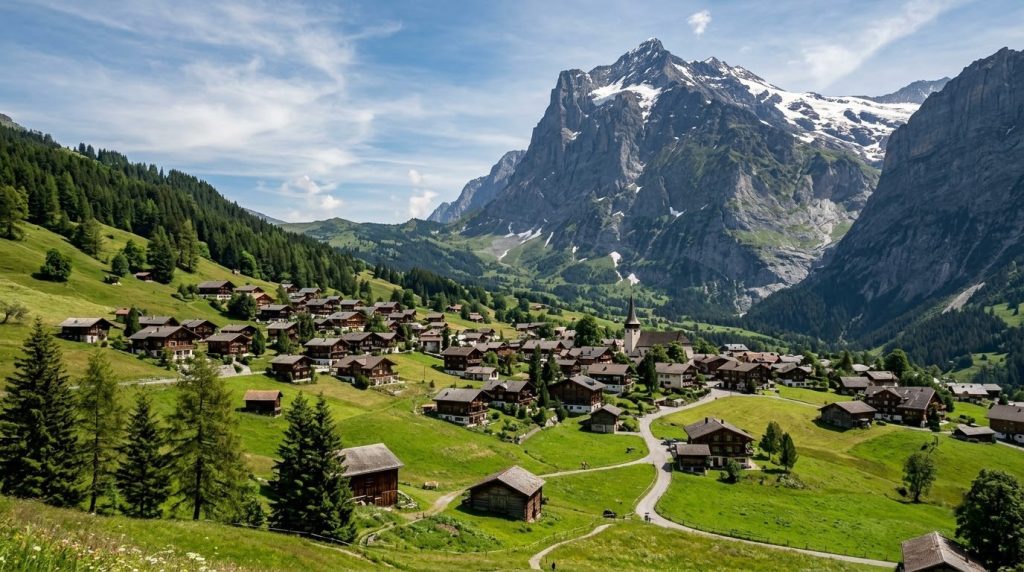 Grindelwald village with the Eiger mountain rising behind it