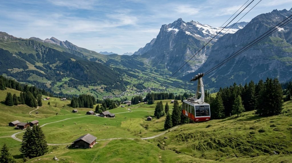 Cable car ascending above alpine pastures near Grindelwald, Switzerland