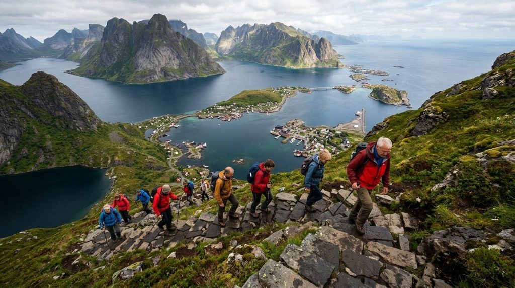 Hikers on the Reinebringen trail above Reine village, Lofoten Islands