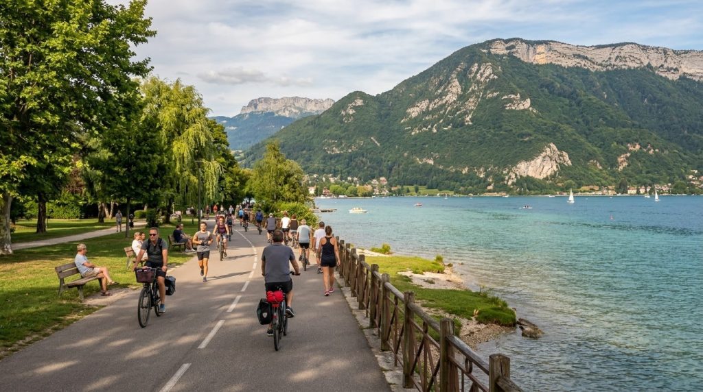 Lakeside cycling path along Lake Annecy, France, with mountains behind