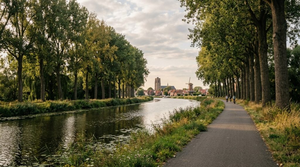 Tree-lined canal path leading toward Damme near Bruges, Belgium