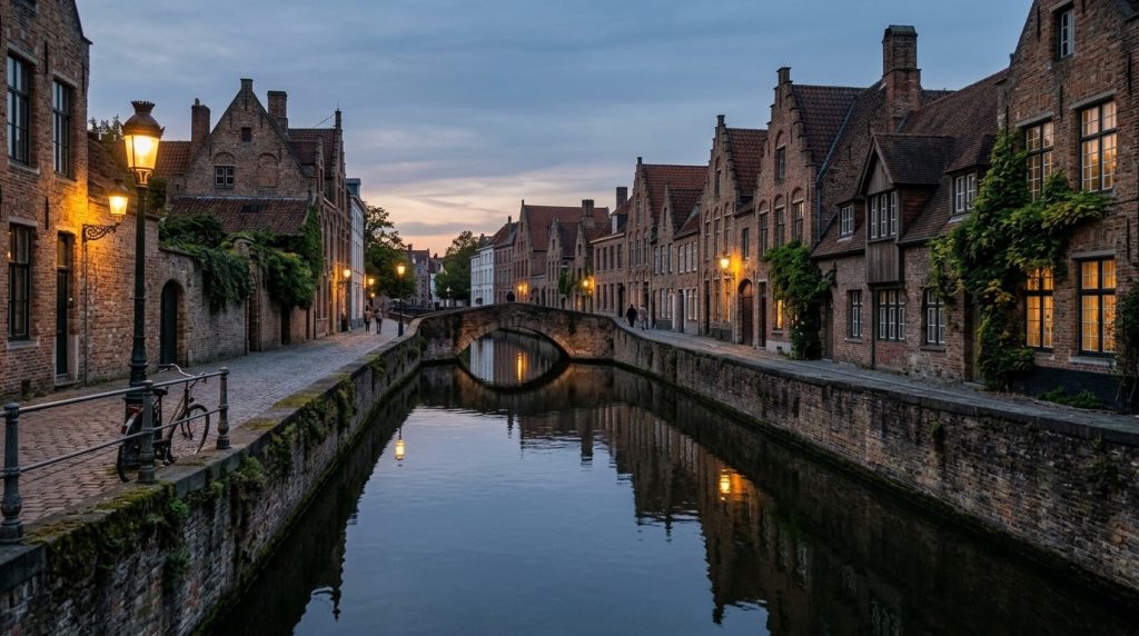 Quiet medieval canal lined with brick houses in central Bruges