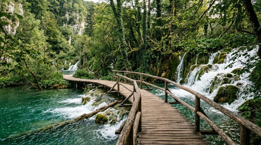 Wooden boardwalk beside turquoise waterfalls at Plitvice Lakes, Croatia