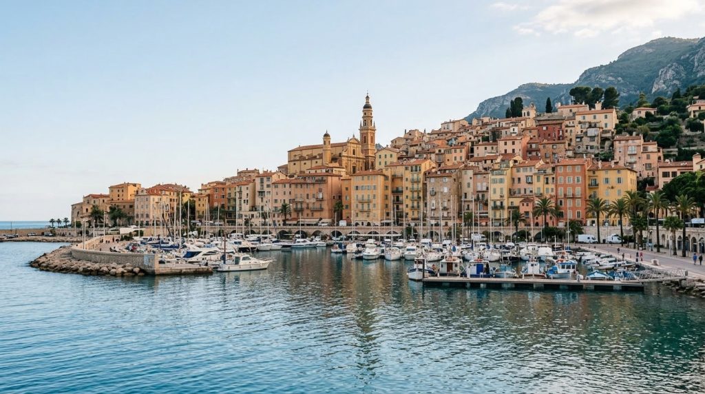 Old town waterfront and harbour of Menton, France
