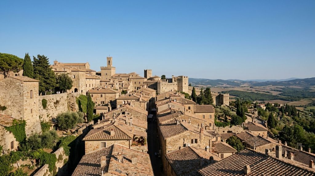 Stone walls and rooftops of the hill town of Volterra in Tuscany