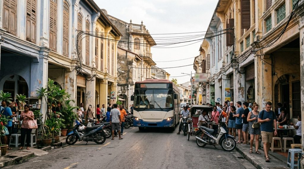 Public bus and pedestrians on a heritage street in George Town, Penang