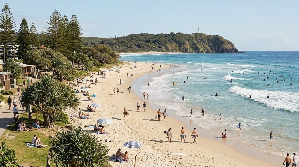 Laid-back beach with surfers near the town centre of Byron Bay