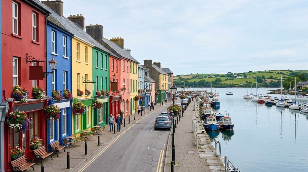 Colorful shopfronts and harbour view in the town of Kinsale, Ireland