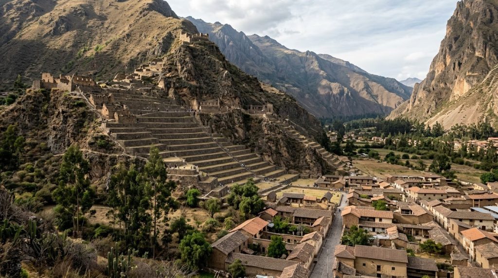 Stone Inca terraces above the old town of Ollantaytambo, Peru
