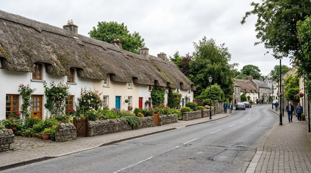Thatched-roof cottages along the main village street in Adare, Ireland