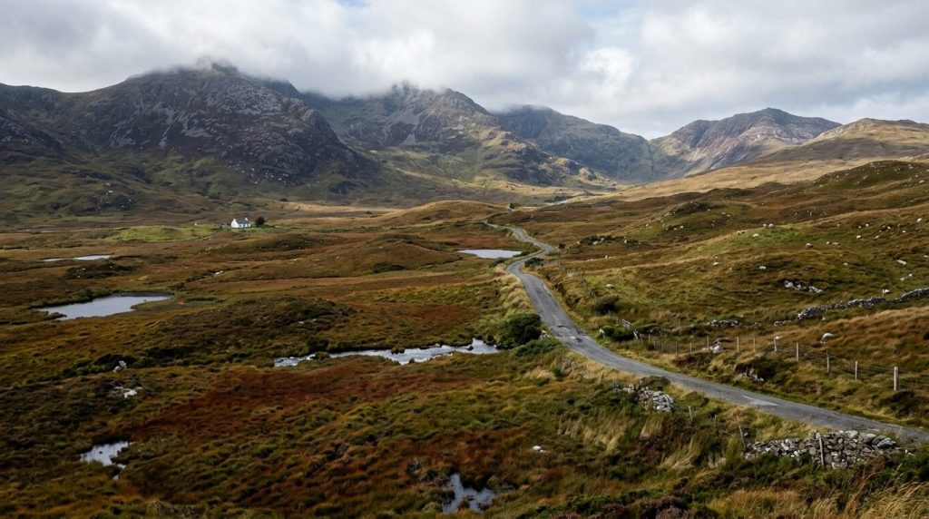 Rolling bog and mountain scenery in Connemara near Clifden, Ireland