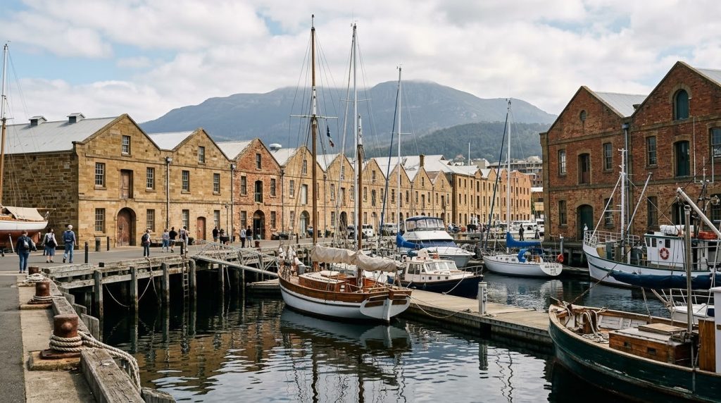 Boats docked at Sullivans Cove waterfront in Hobart, Australia