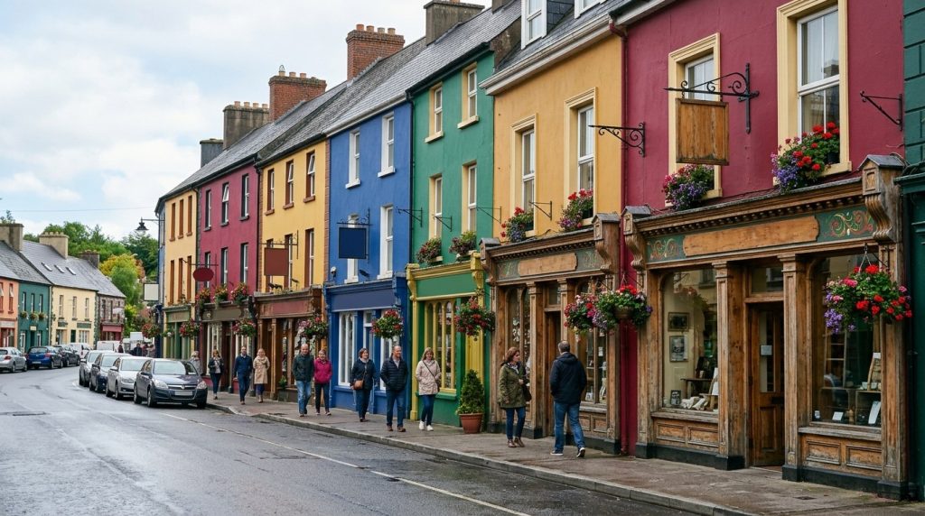 Colorful pub and shop facades on a main street in Kenmare, Ireland