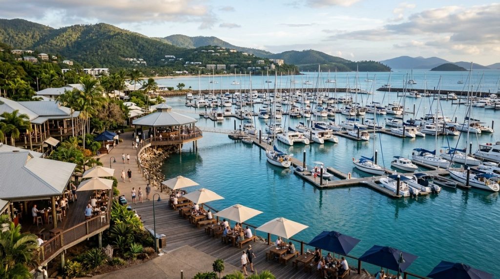 Marina with sailboats and waterfront bars at Airlie Beach, Whitsundays