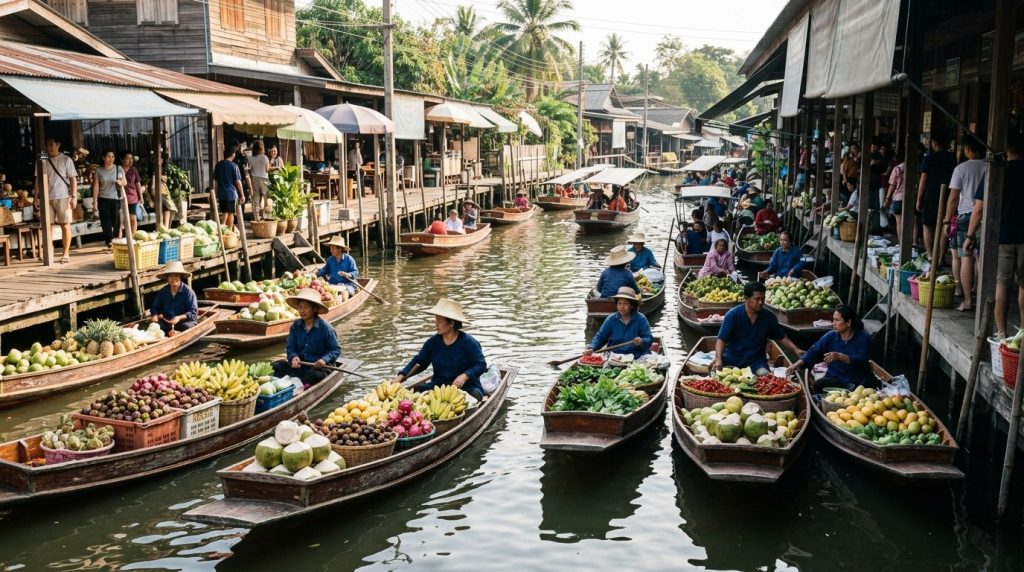 Boats loaded with produce at a floating market near Bangkok