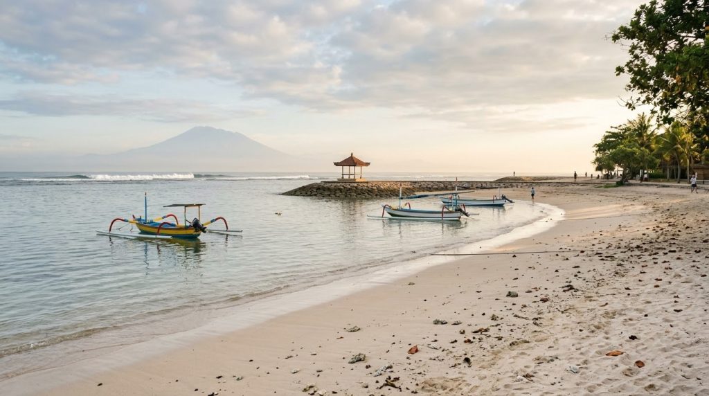 Calm shallow beach with a reef breakwater at Sanur, Bali