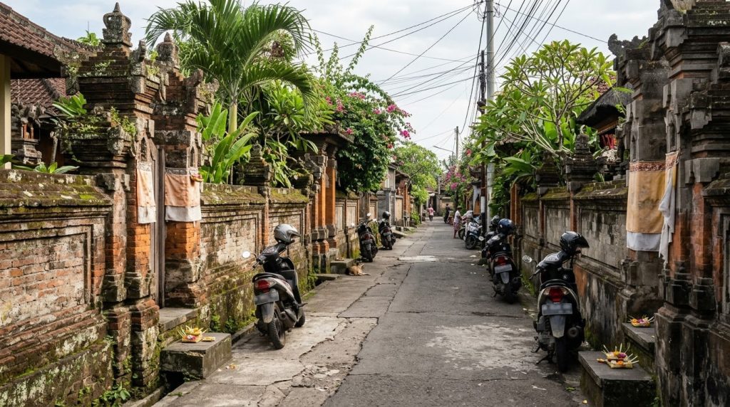 Quiet residential street with parked motorbikes in Bali