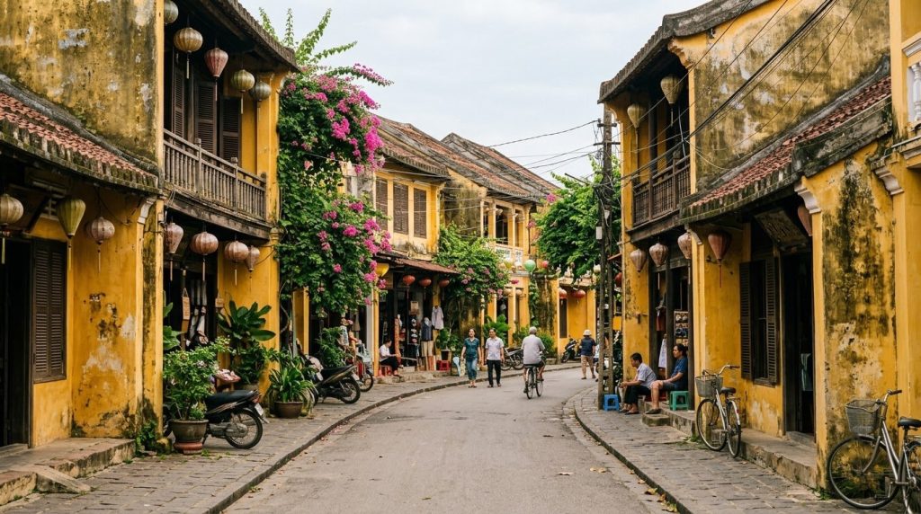 Ordinary street in Hoi An's old town lined with yellow buildings