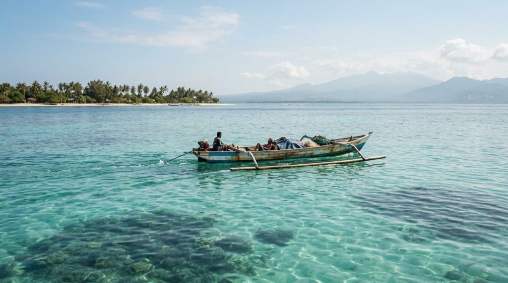 Small boat crossing calm turquoise water near the Gili Islands, Lombok