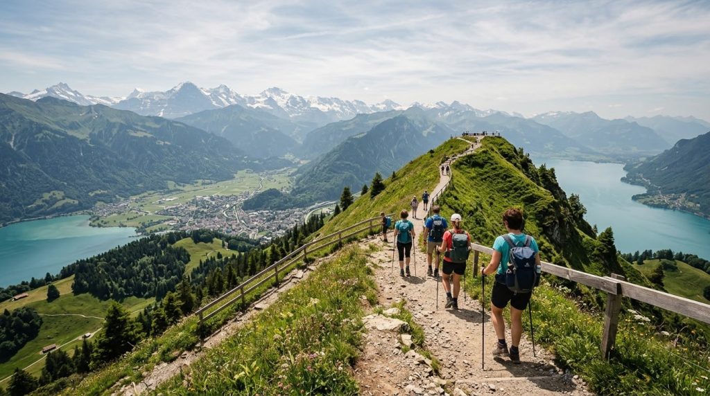 Hikers on the free trail to Harder Kulm summit above Interlaken