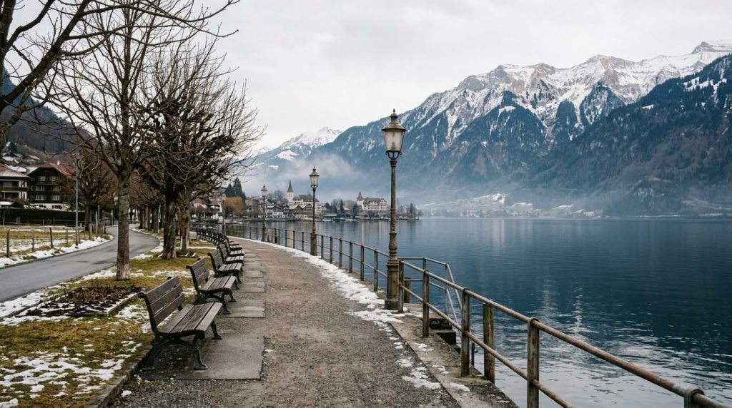 Quiet winter season view along Interlaken's lakeside promenade with snowy peaks