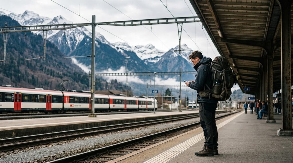 Traveler checking a phone on the platform at Interlaken Ost station