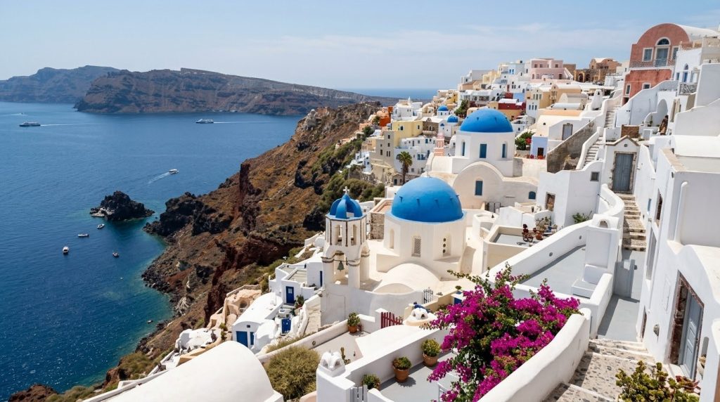 White buildings and blue domed churches on the Santorini caldera cliffs