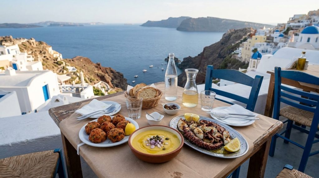Traditional Santorini dishes served at a taverna table overlooking the caldera