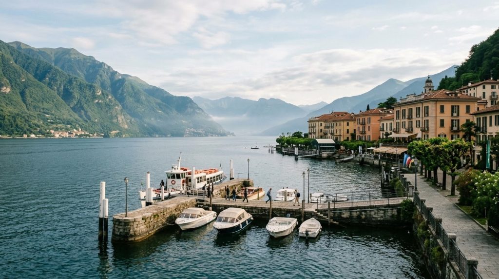 Morning view of the ferry dock and promenade in Bellagio, Lake Como