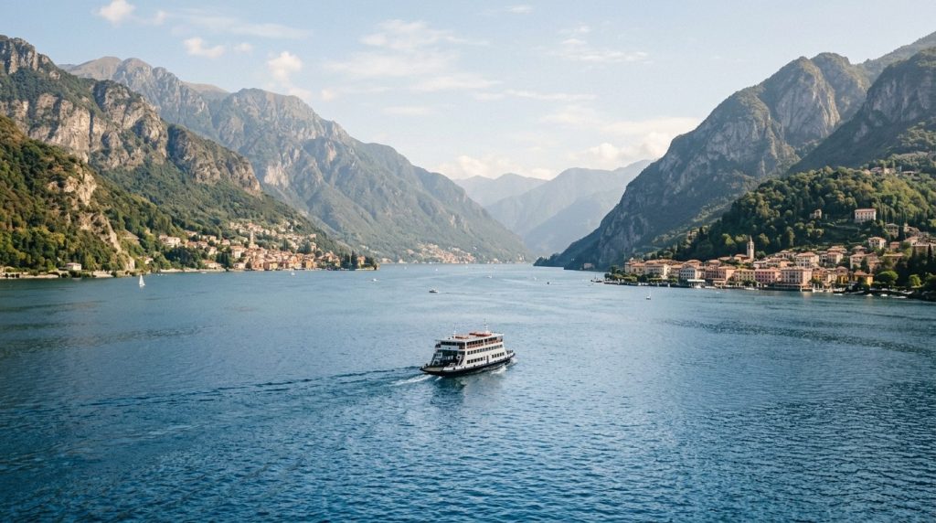 A ferry crossing Lake Como between the towns of Bellagio and Varenna