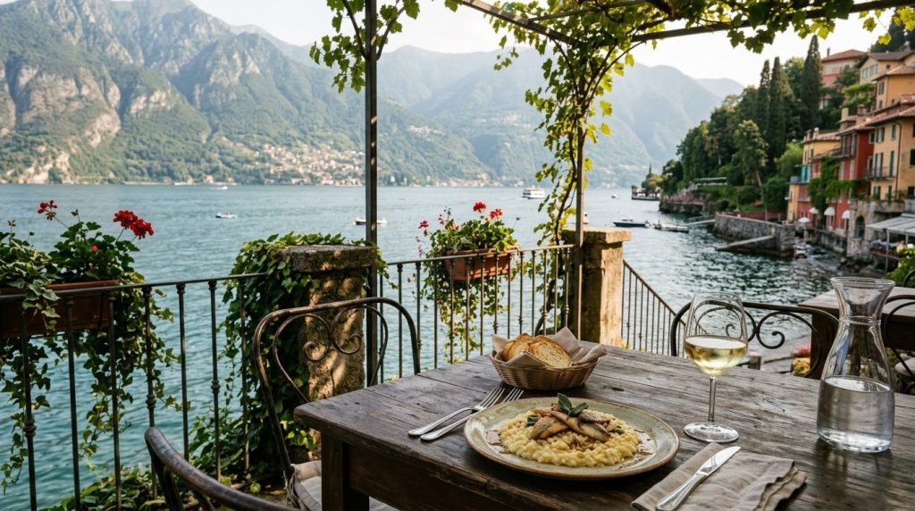 Perch risotto served at a lakeside trattoria terrace in Varenna