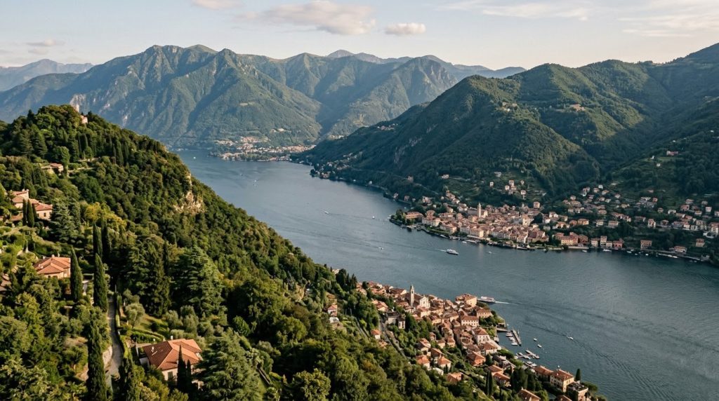 Elevated hillside view over Lake Como from Brunate at midday