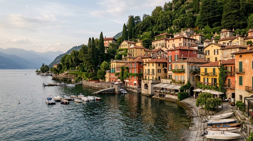 Colorful lakefront houses and small harbor in Varenna on Lake Como