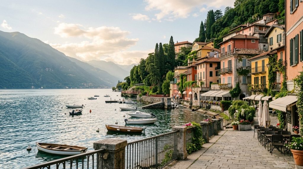 Pastel waterfront promenade in Varenna village on Lake Como